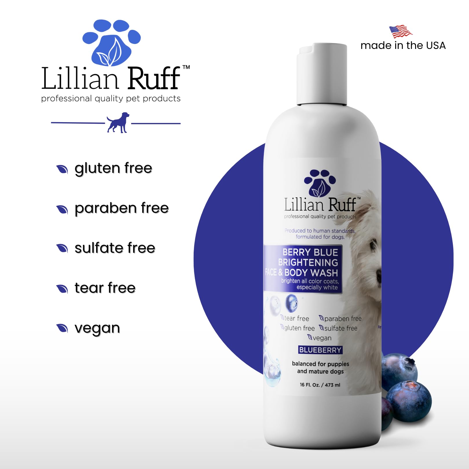 Berry Blue shampoo in bath with blueberry visuals and refreshing scent.