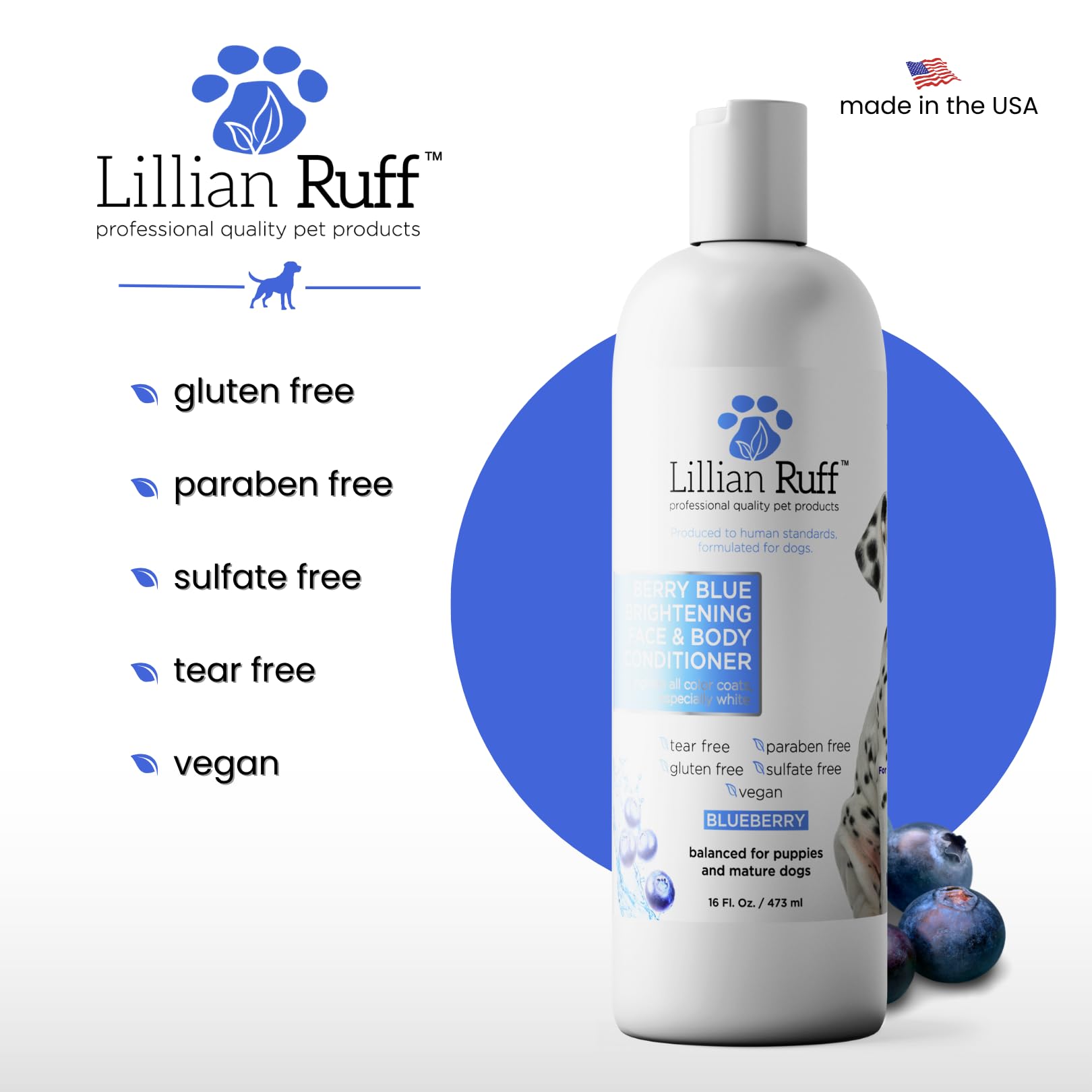 Lillian Ruff PRO Berry Blue tear-stain care on the facial area.