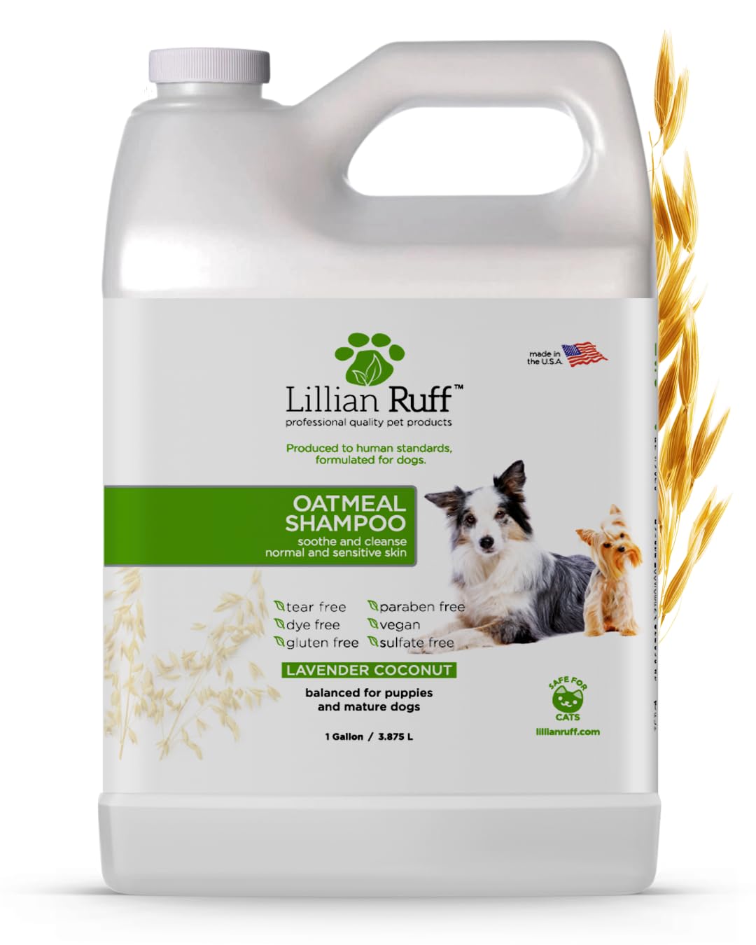 Lillian Ruff PRO Formula Deodorizing Oatmeal Dog Shampoo bottle offers gentle cleansing and hydration.