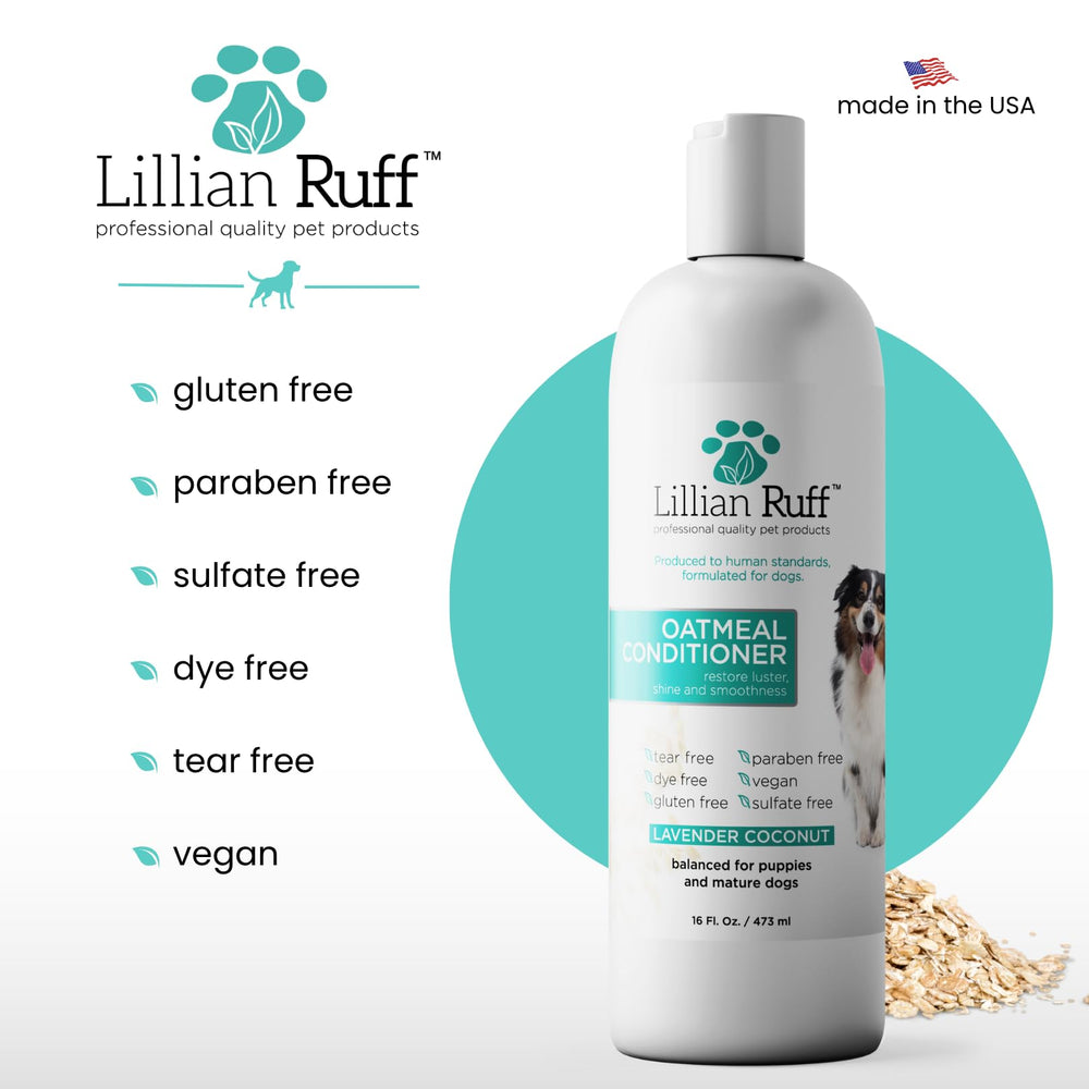 Lillian Ruff PRO Formula Oatmeal dog conditioner shows soft coat and shine.