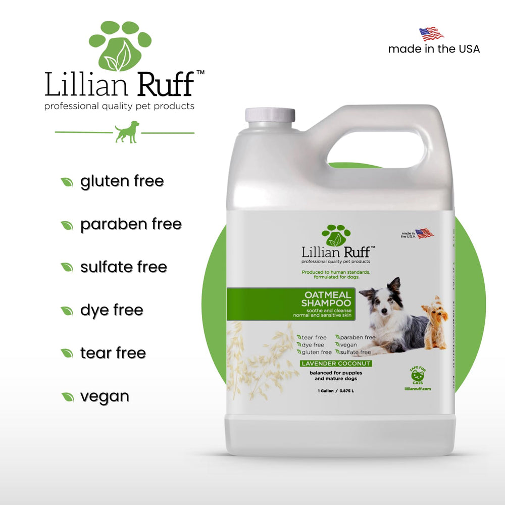 Lillian Ruff Pro Formula Oatmeal Dog Shampoo soothing dry skin relief in dogs.