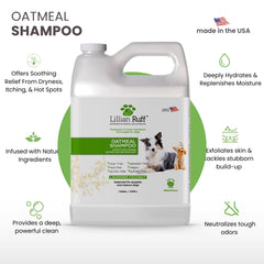 Lillian Ruff Pro Formula Oatmeal Dog Shampoo ingredients aloe and coconut oil for hydration.