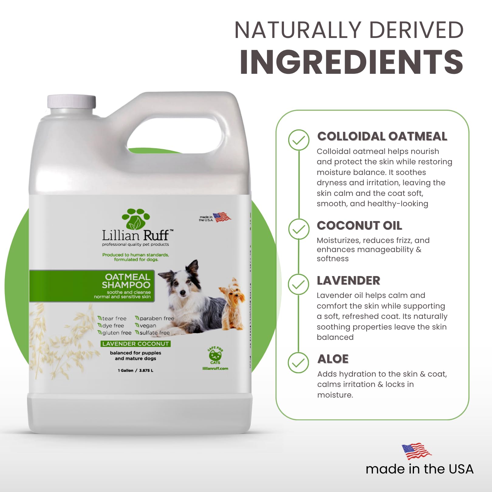 Lillian Ruff Pro Formula Oatmeal Dog Shampoo lavender calming scent during bath.