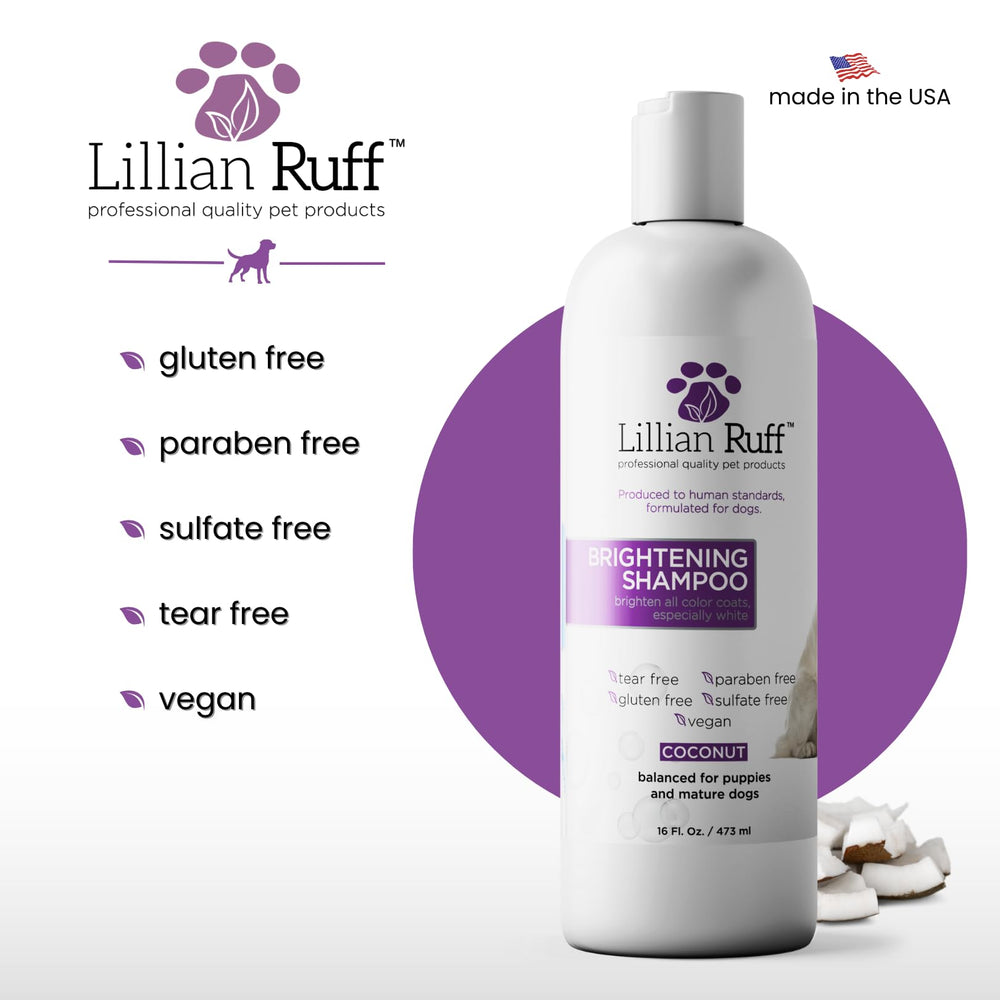 Lillian Ruff Pro Formula Ultra Brightening shampoo used in professional grooming for gentle care.
