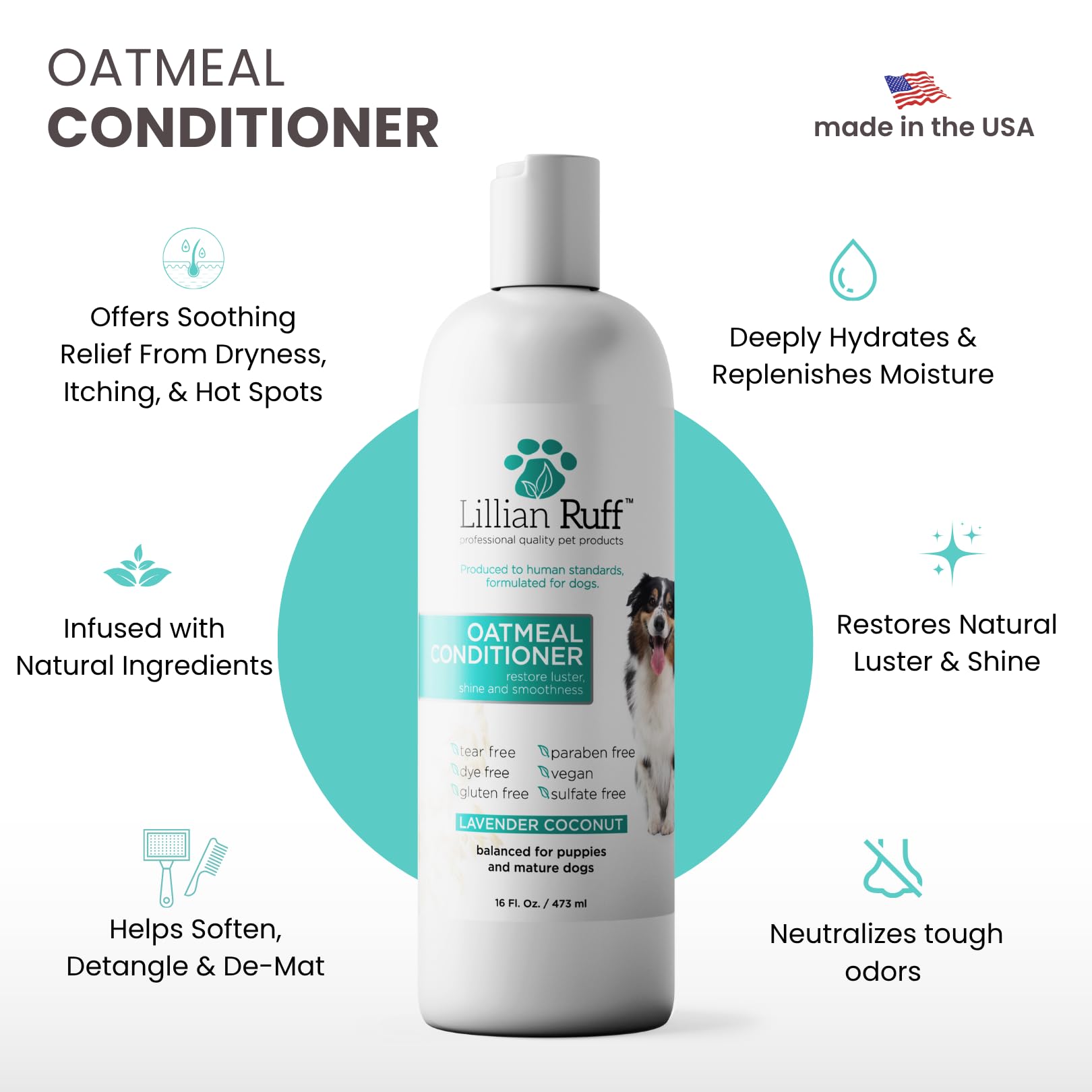 Lillian Ruff PRO oatmeal conditioner coat close-up showing shine and detangling benefits