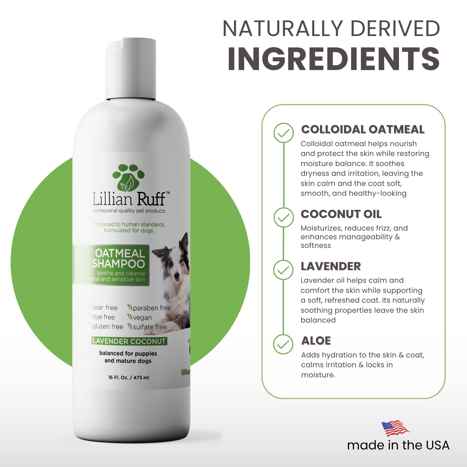 Lillian Ruff PRO ingredients label highlighting oatmeal and aloe.
