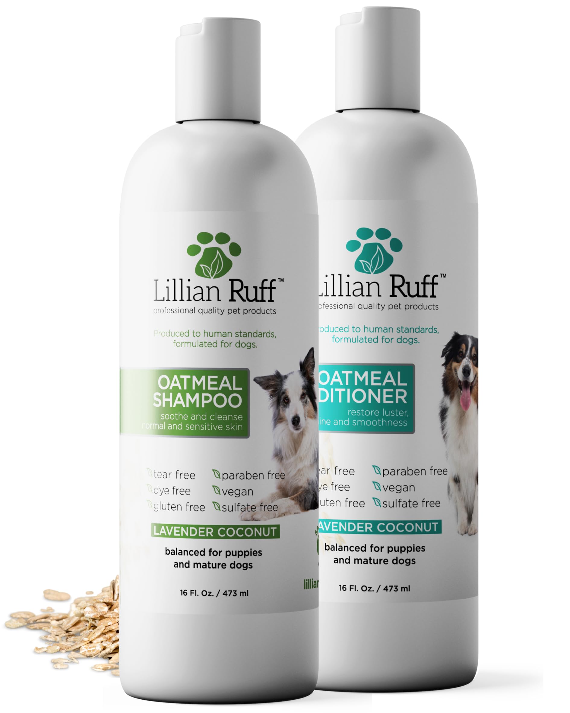 Lillian Ruff PRO shampoo bottle highlights soothing oatmeal formula for gentle cleansing