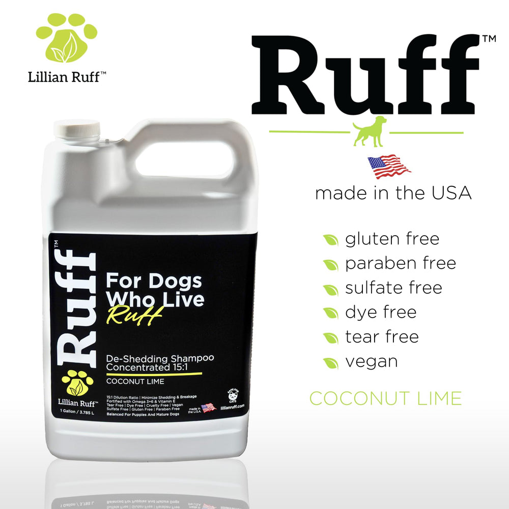 Puppy-safe bathing scene with Lillian Ruff shampoo in use.