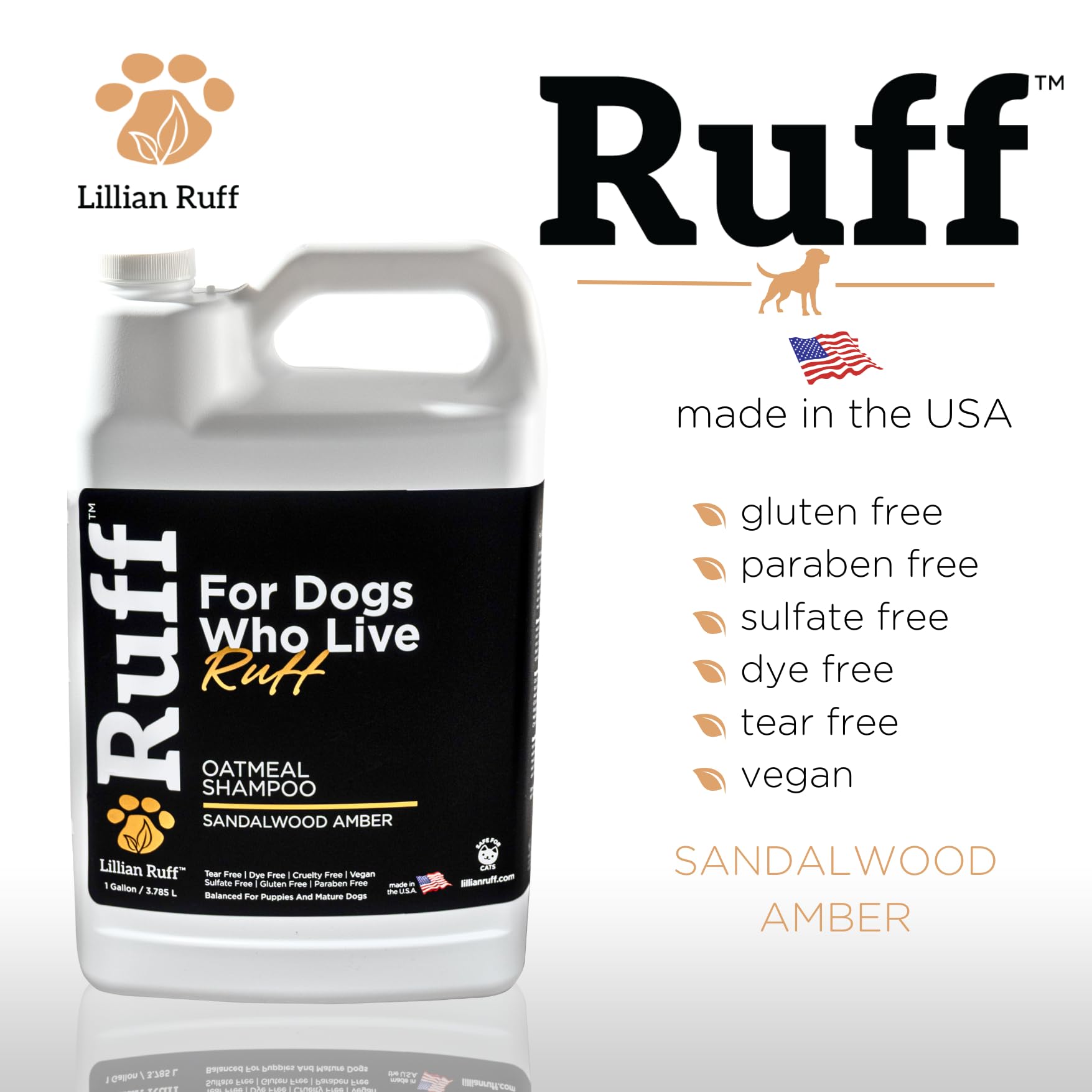 Lillian Ruff Ruff Oatmeal Dog Shampoo notes sandalwood-amber fragrance for lasting freshness