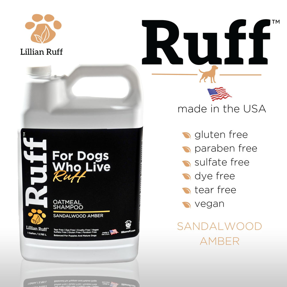Lillian Ruff Ruff Oatmeal Dog Shampoo notes sandalwood-amber fragrance for lasting freshness