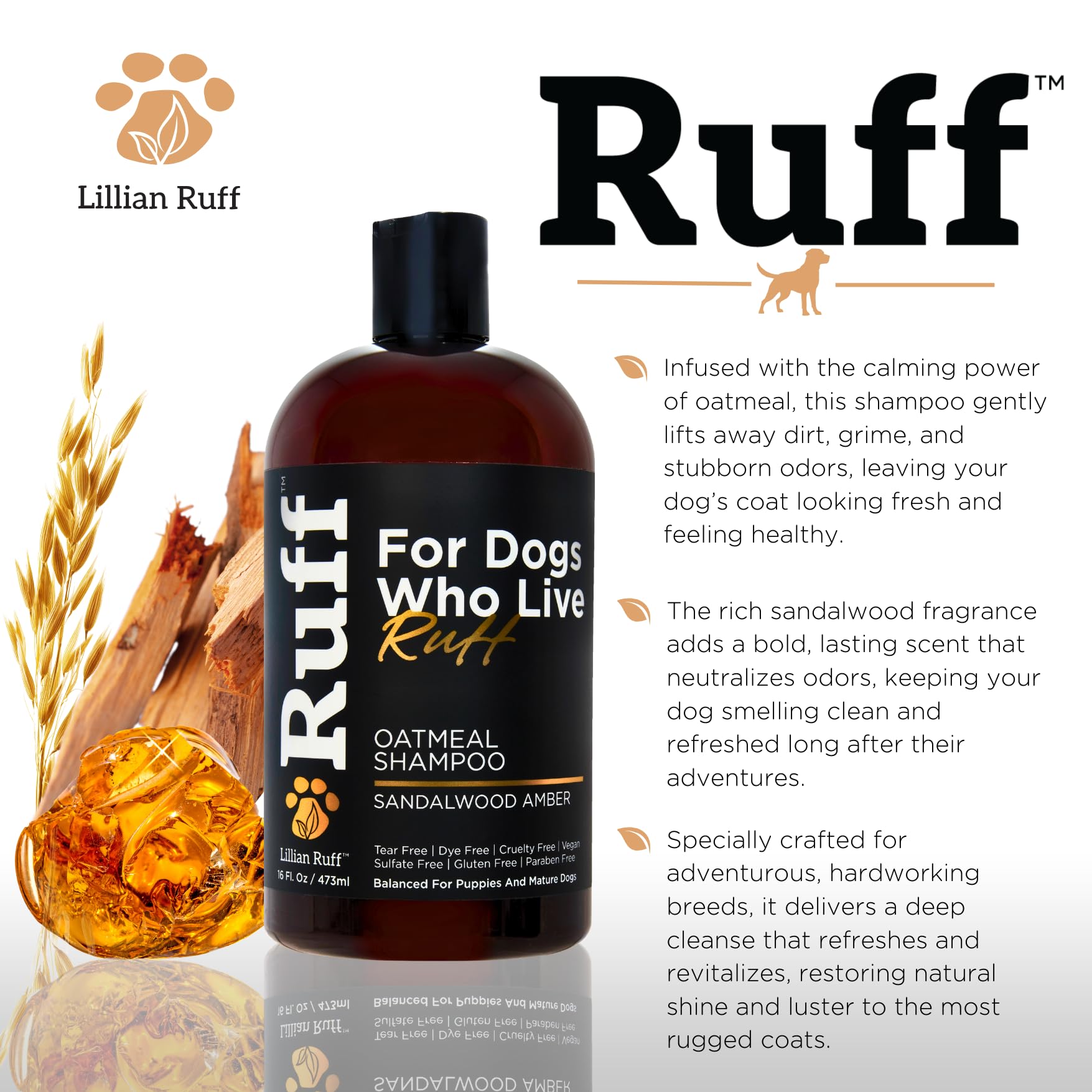 Lillian Ruff RUFF oatmeal-aloe formula shows soothing care for itchy skin.