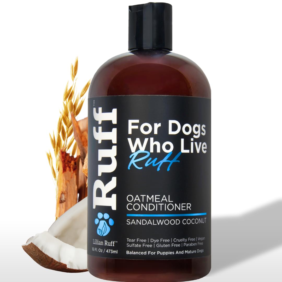 Lillian Ruff sandalwood coconut oatmeal conditioner bottle highlights soothing moisture for dry skin.
