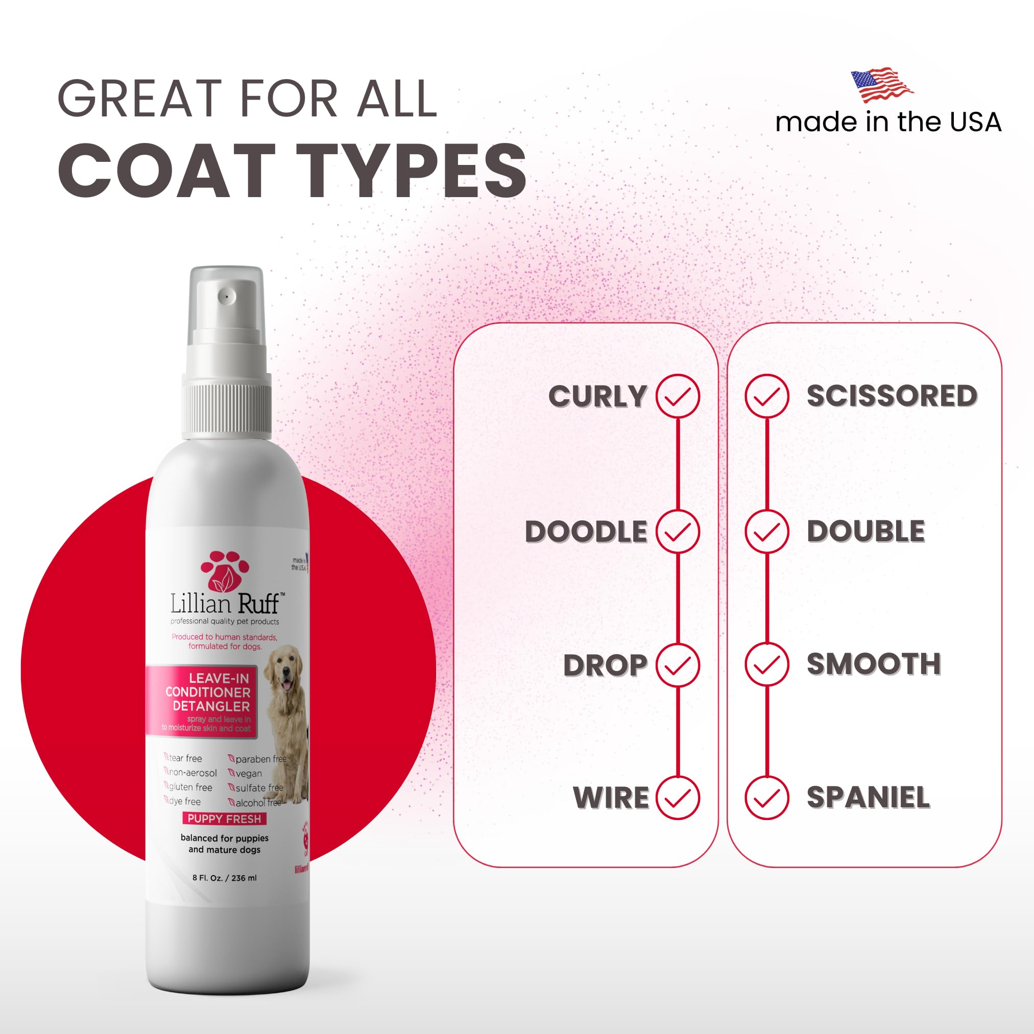 Lillian Ruff spray on dry skin areas for hydration and comfort.