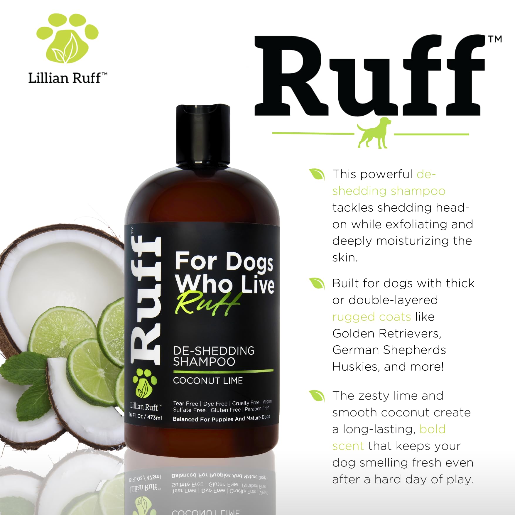 Lillian Ruff bottle close-up highlighting vitamin E and omega-3 ingredients.