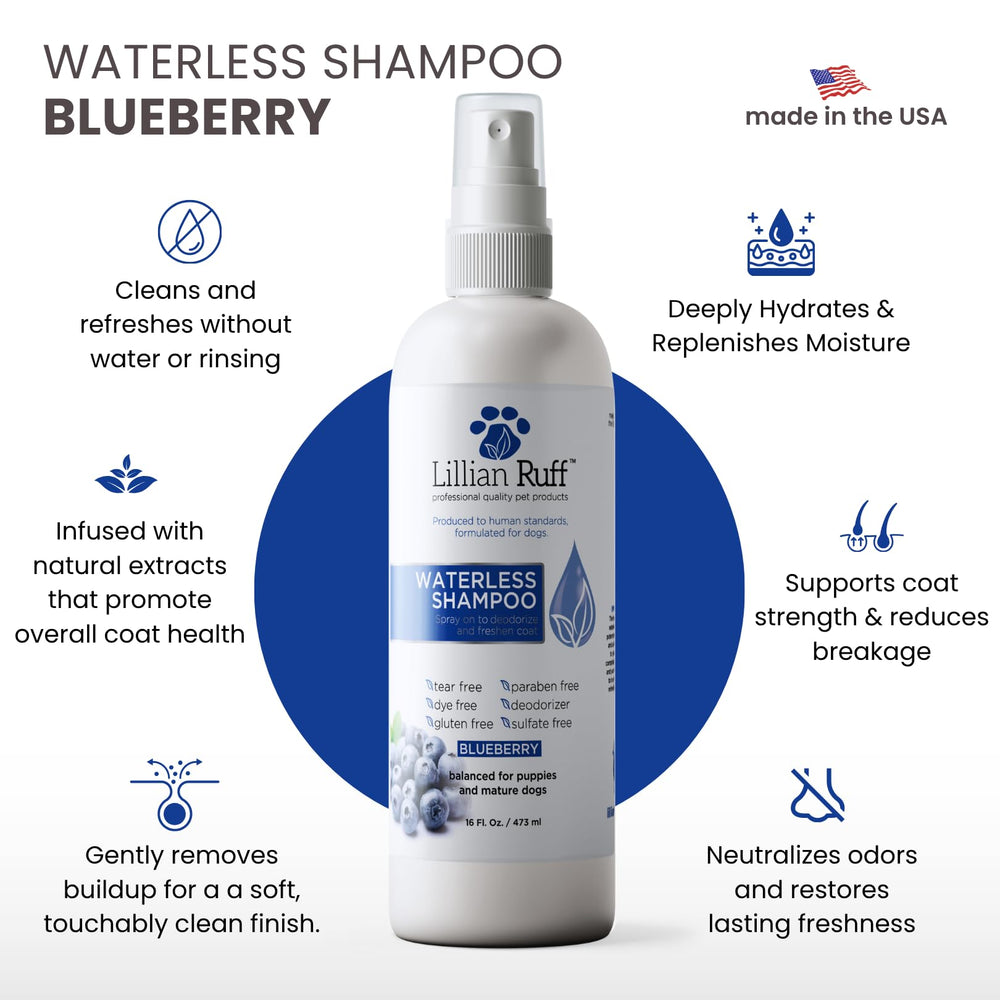 Lillian Ruff blueberry spray being applied to a dog's coat for quick grooming
