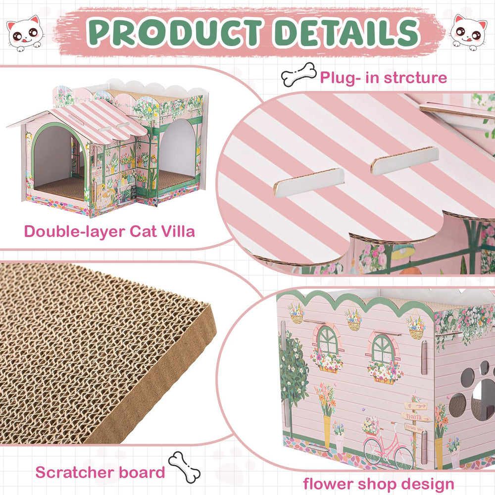 Lineshading cat house multi-level interior provides spacious lounging for kittens.