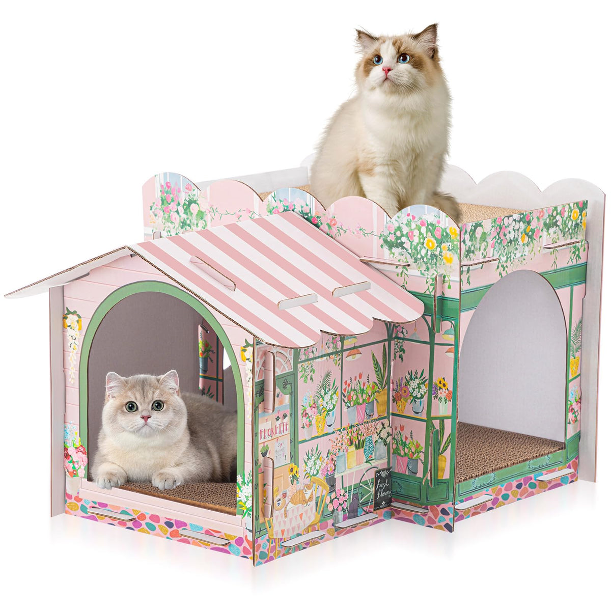 Lineshading two-story cardboard cat house front view showcases sturdy multi-level design.