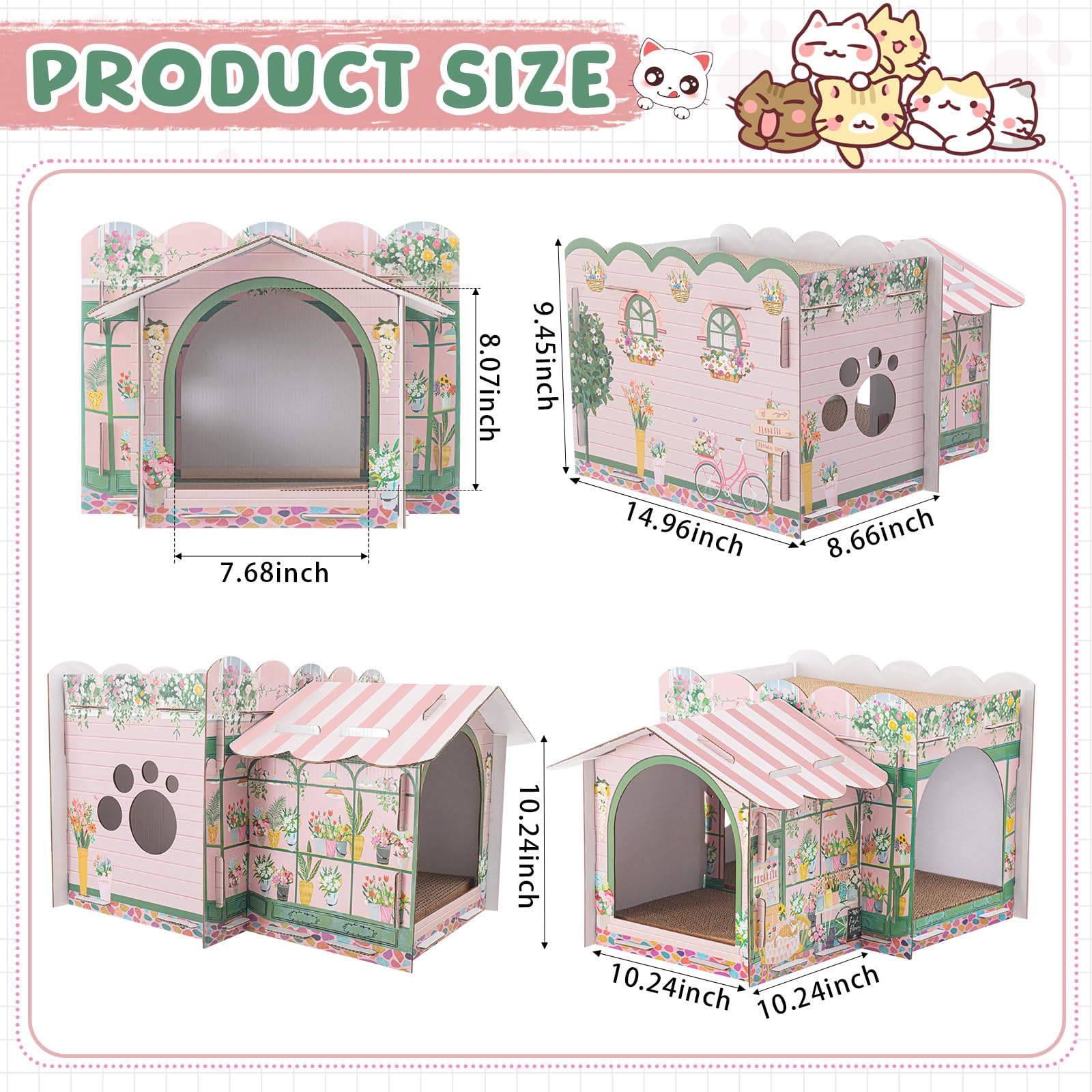 Lineshading cat house scratching pads inside offer safe scratching area.