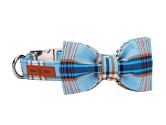 Lionet Paws boy dog collar with bowtie in blue plaid for stylish wear