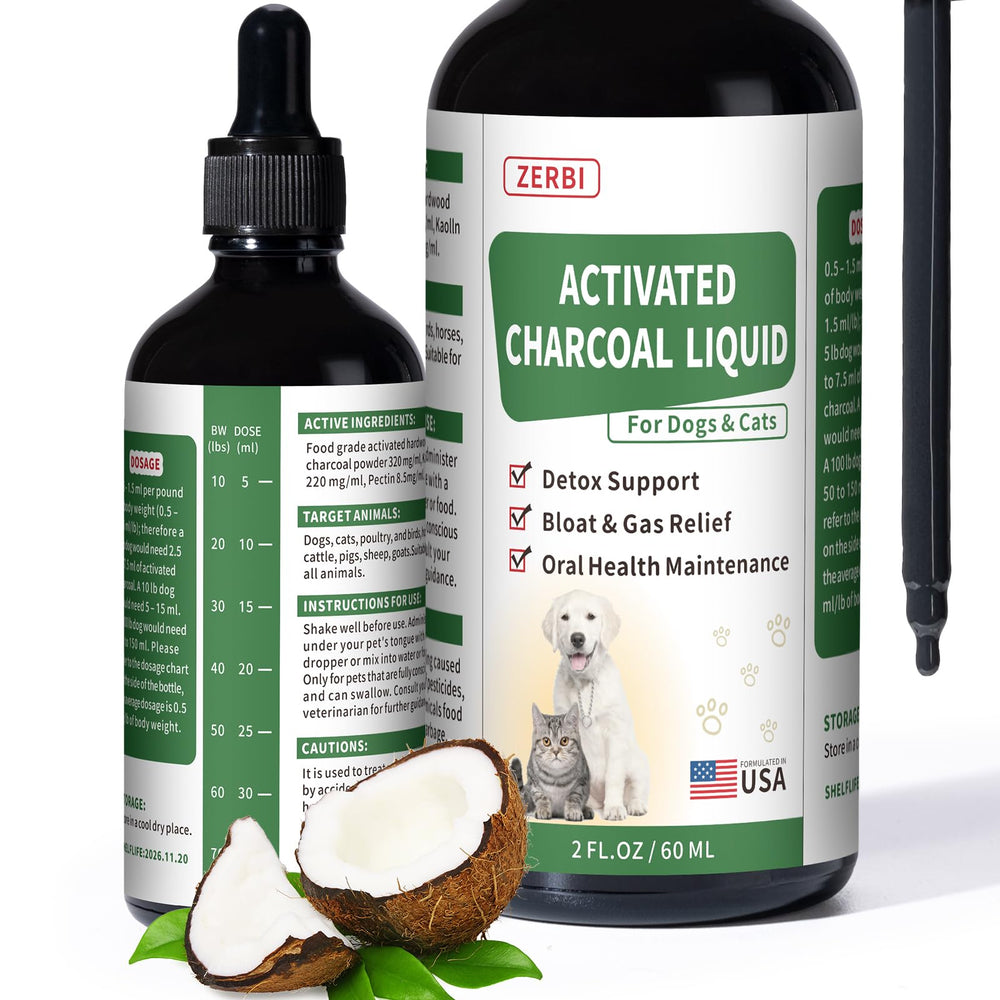 Liovsiso Activated Charcoal for Dogs bottle pour demonstrates quick absorption for GI support