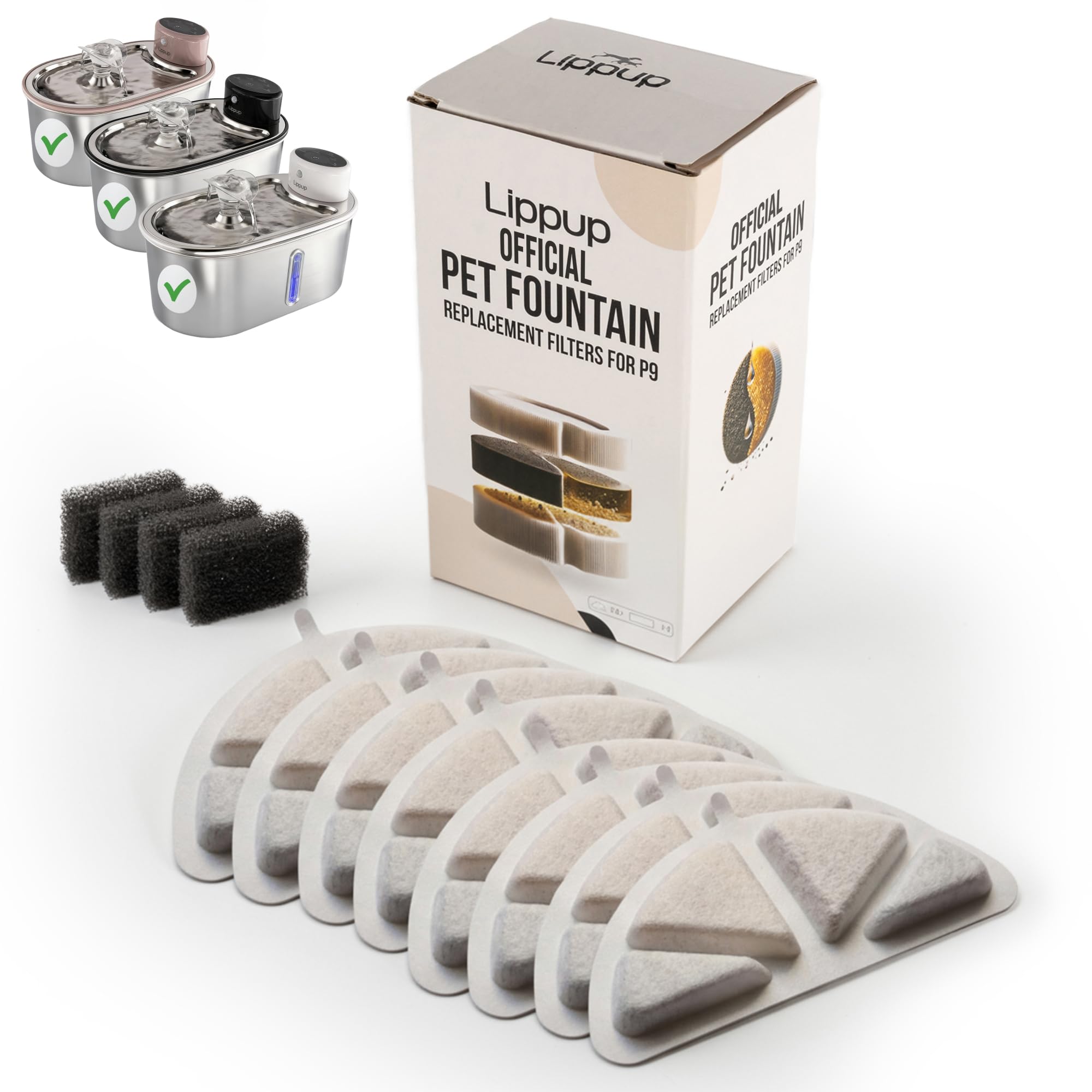 LIPPUP 8-pack cat fountain filters for stainless steel fountain maintain fresh water for hydration.
