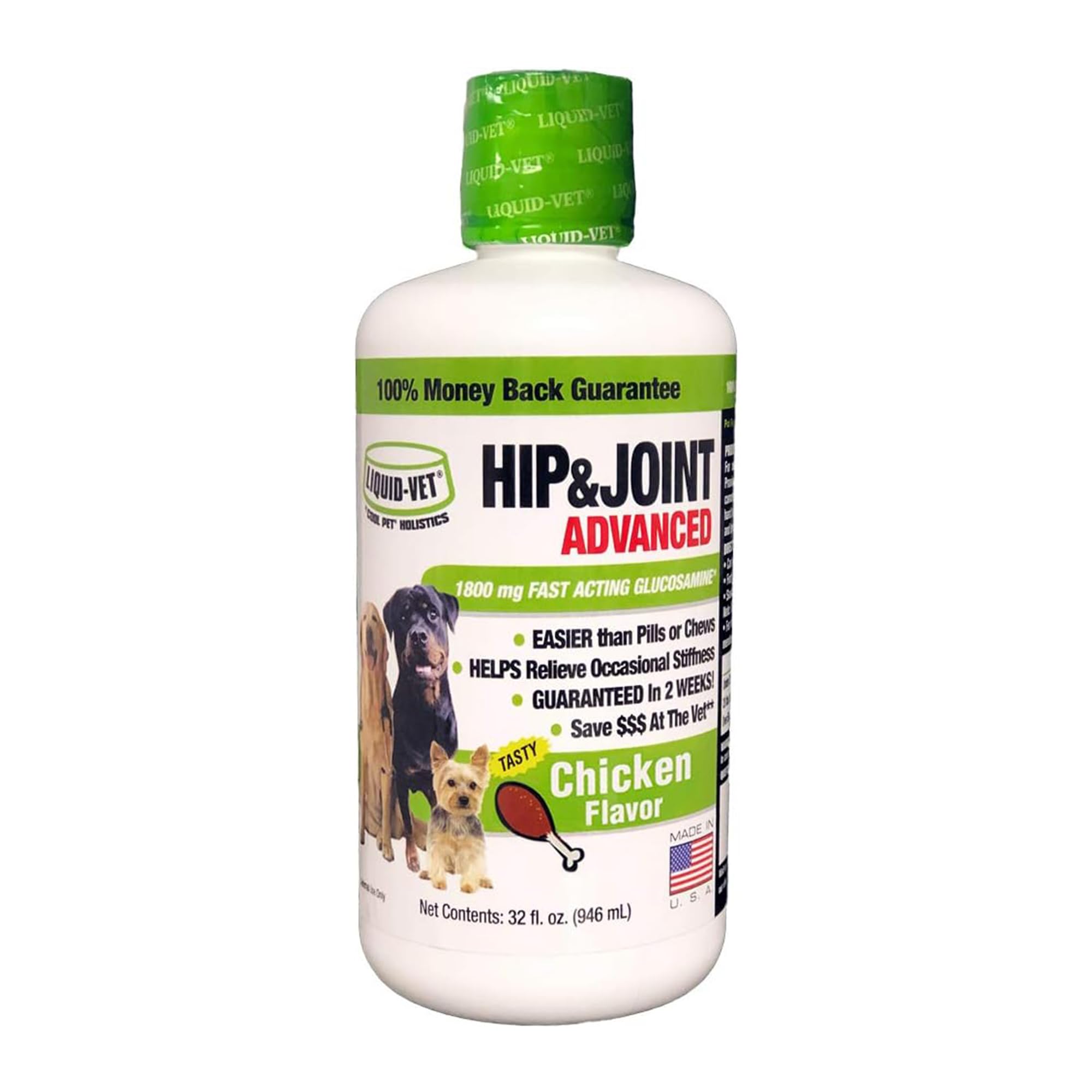 Liquid-Vet bottle pour shows easy dosing during meals.