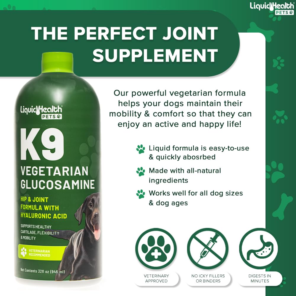 LIQUIDHEALTH ingredients panel emphasizes plant-based glucosamine and antioxidants.