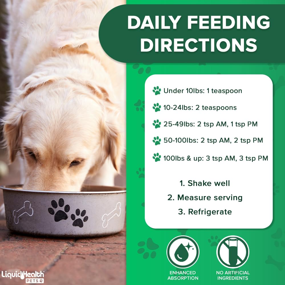 LIQUIDHEALTH measuring cup demonstrates simple serving for various dog sizes.