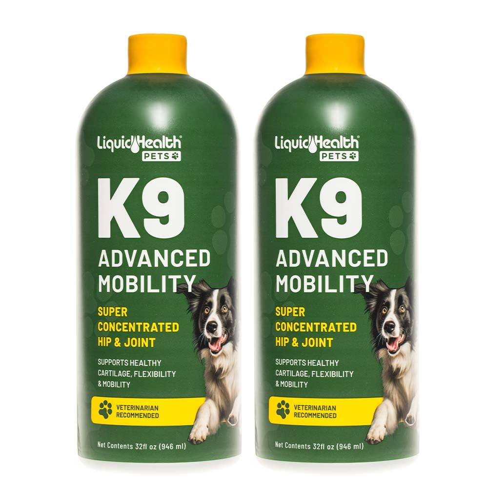 LIQUIDHEALTH K9 Advanced Mobility bottle being poured for large dogs