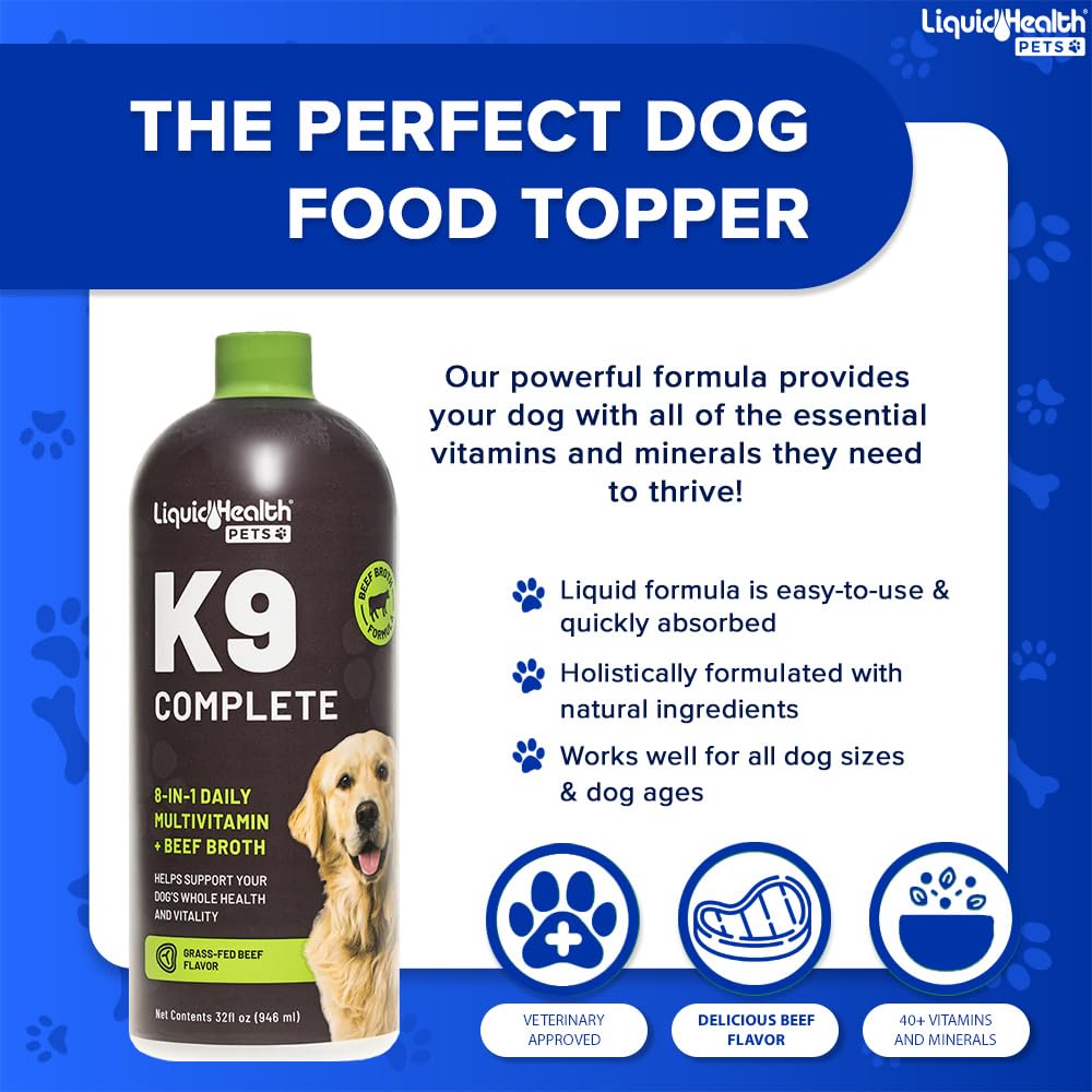 LIQUIDHEALTH K9 Complete bottle-pour demonstrates easy daily dosing for dogs.