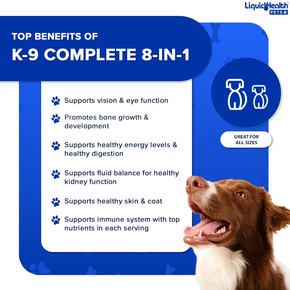 LIQUIDHEALTH K9 Complete dog-coat-shine highlights nourished coat and skin.