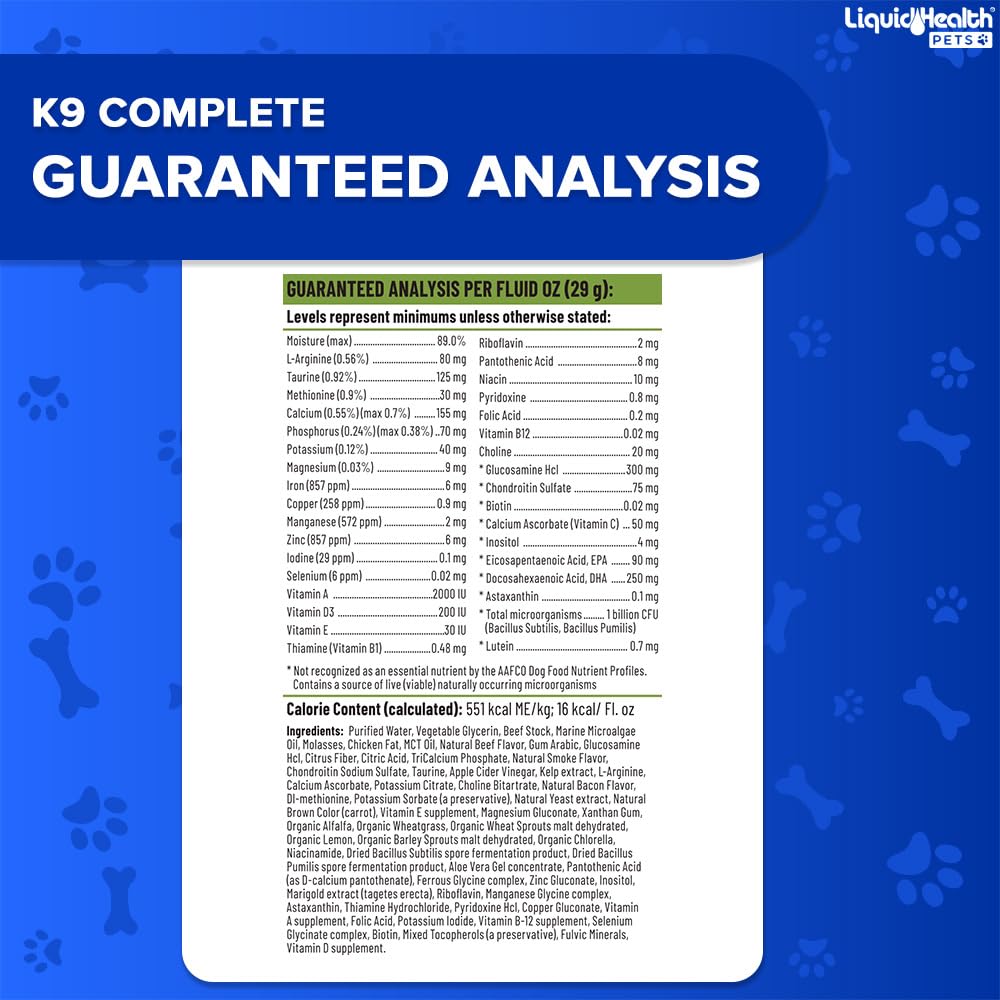 LIQUIDHEALTH K9 Complete flavor-beef emphasizes tasty, dog-friendly supplement.