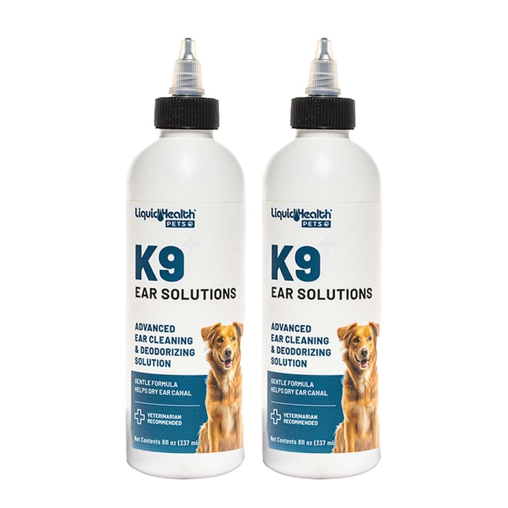 LIQUIDHEALTH K9 Ear Cleaner bottle and cotton ball for after-swim ear care.