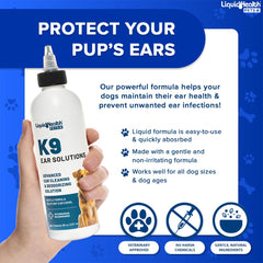 LIQUIDHEALTH K9 Ear Cleaner being applied with a cotton ball to dog's ears.