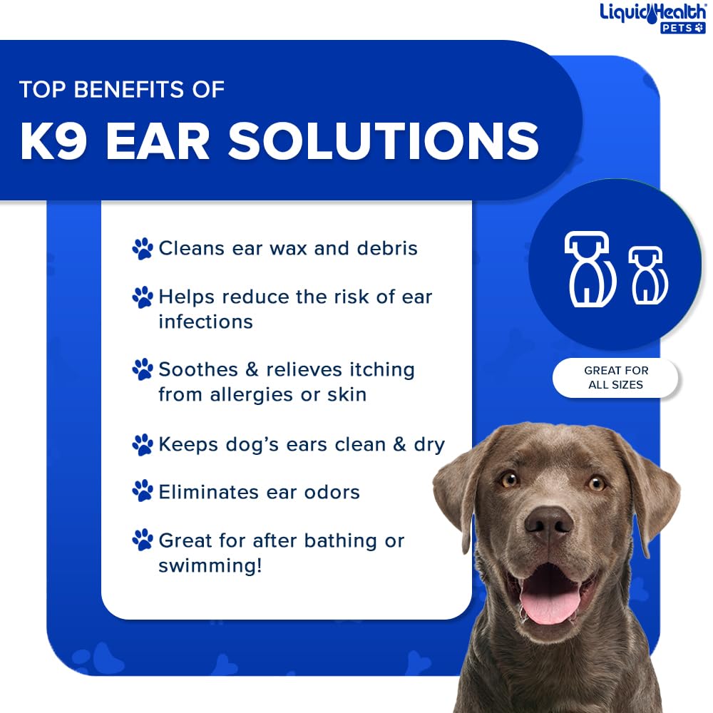 LIQUIDHEALTH K9 Ear Cleaner dual-pack packaging for dogs of all sizes.