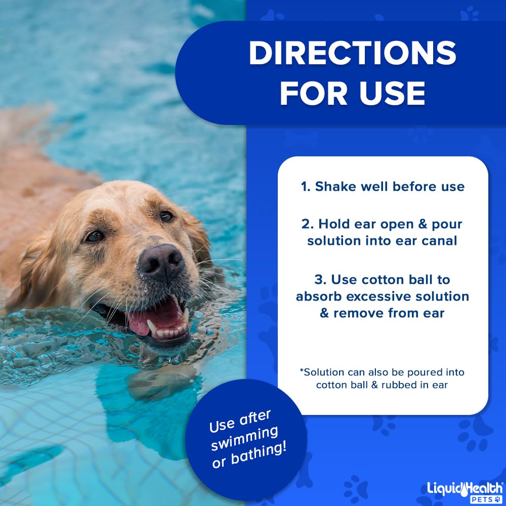 LIQUIDHEALTH K9 Ear Cleaner bottle pouring solution to cleanse and dry the ear canal.