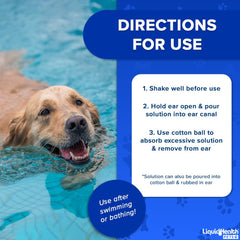 LIQUIDHEALTH K9 Ear Cleaner bottle pouring solution to cleanse and dry the ear canal.