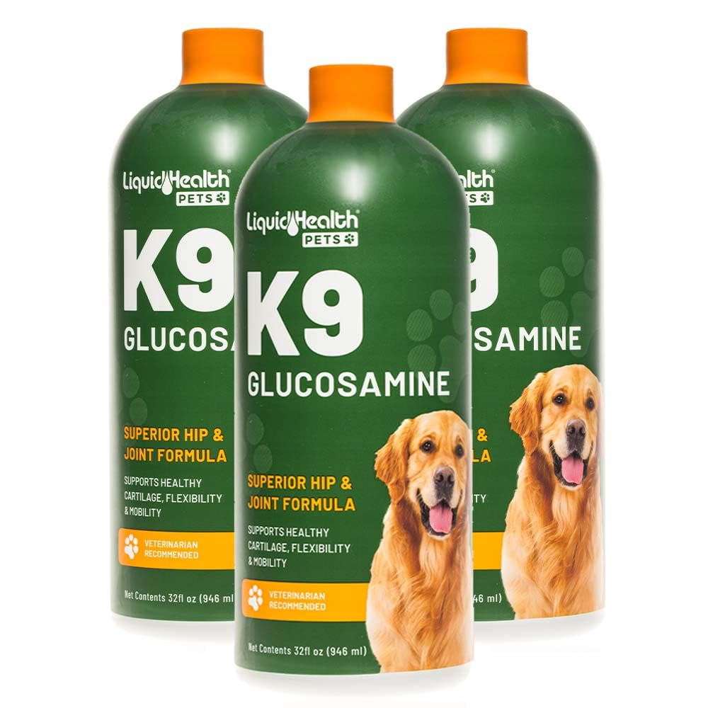 LIQUIDHEALTH K9 glucosamine bottle closeup highlighting joint support formula