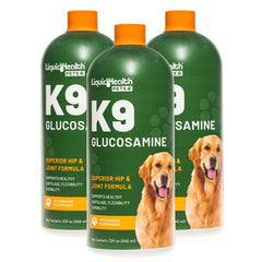LIQUIDHEALTH K9 glucosamine bottle closeup highlighting joint support formula