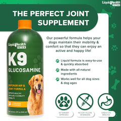 LIQUIDHEALTH K9 glucosamine ingredients chart showing 1600mg glucosamine per serving.