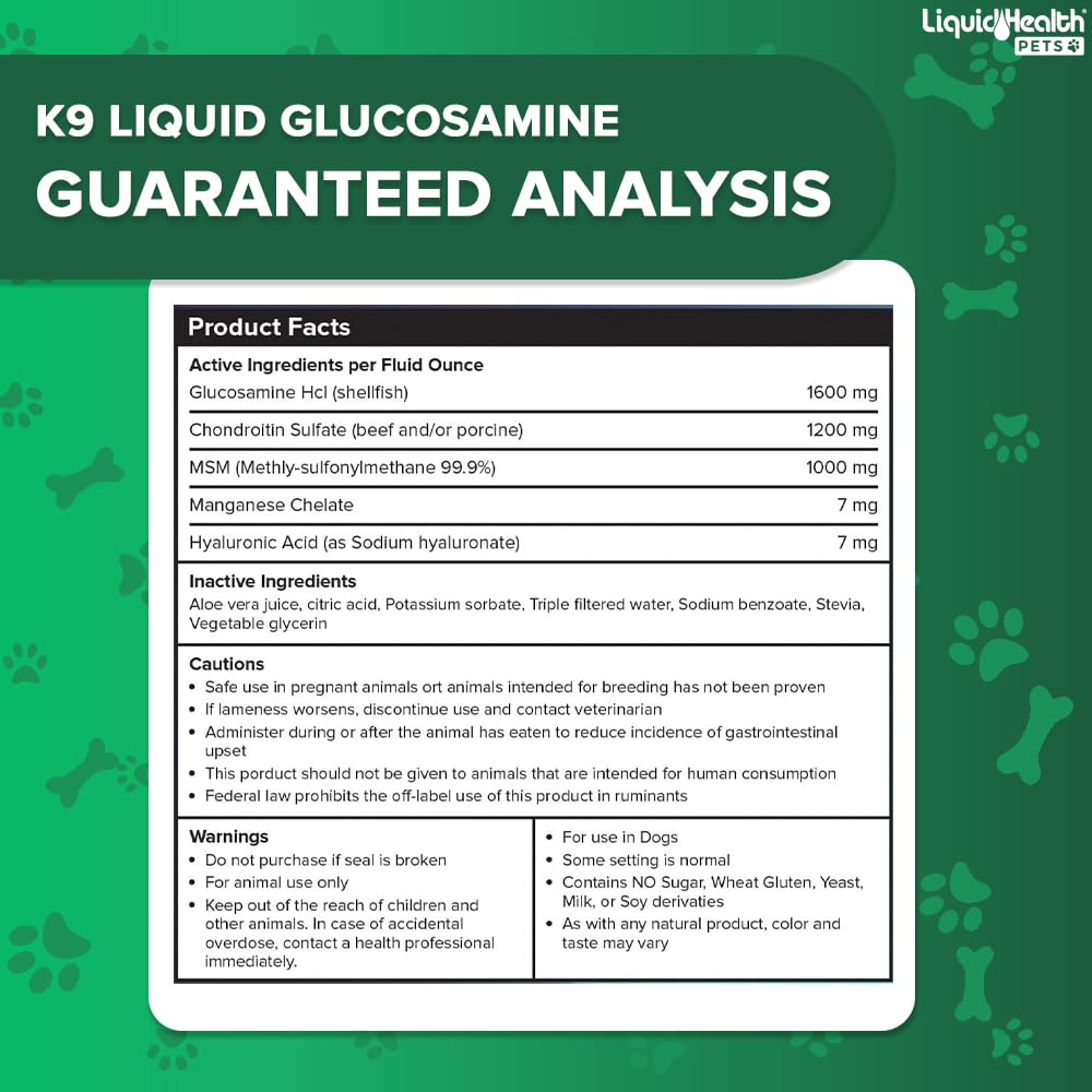 LIQUIDHEALTH K9 glucosamine USA-made label communicates quality and safety.