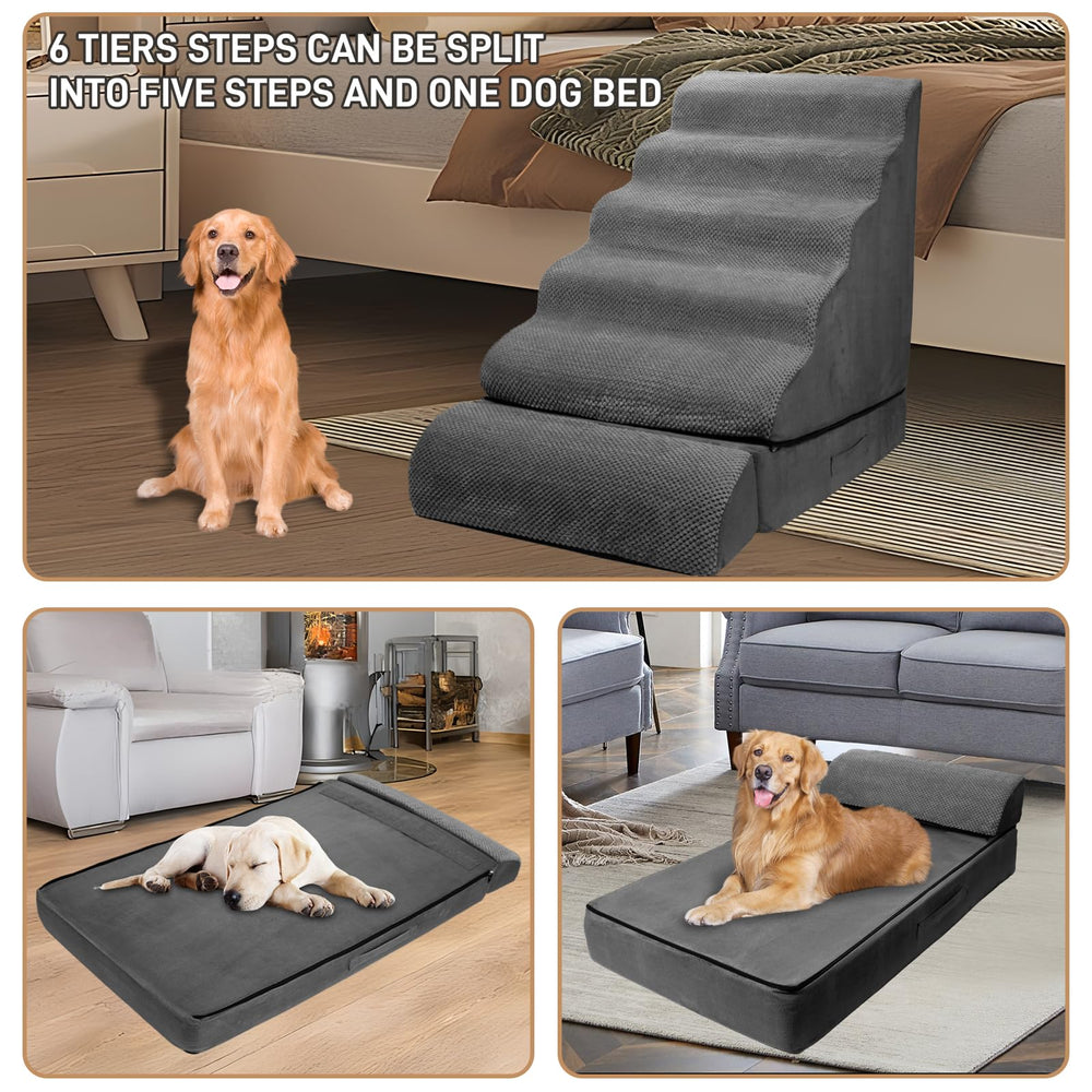 LitaiL dog stairs bottom dog bed supports nap space at the base.