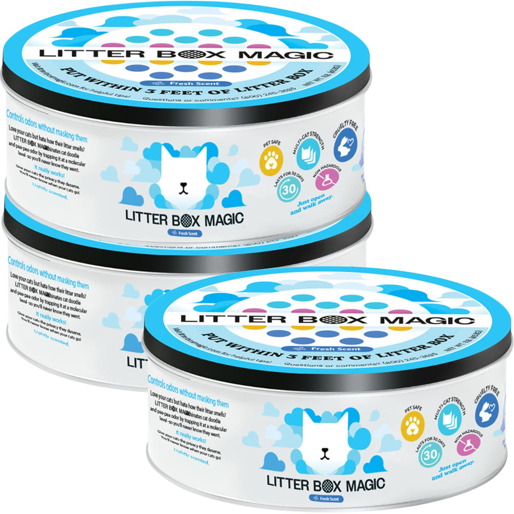 Litter Box Magic deodorizer jar open beside a litter box for odor control.