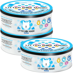 Litter Box Magic deodorizer jar open beside a litter box for odor control.