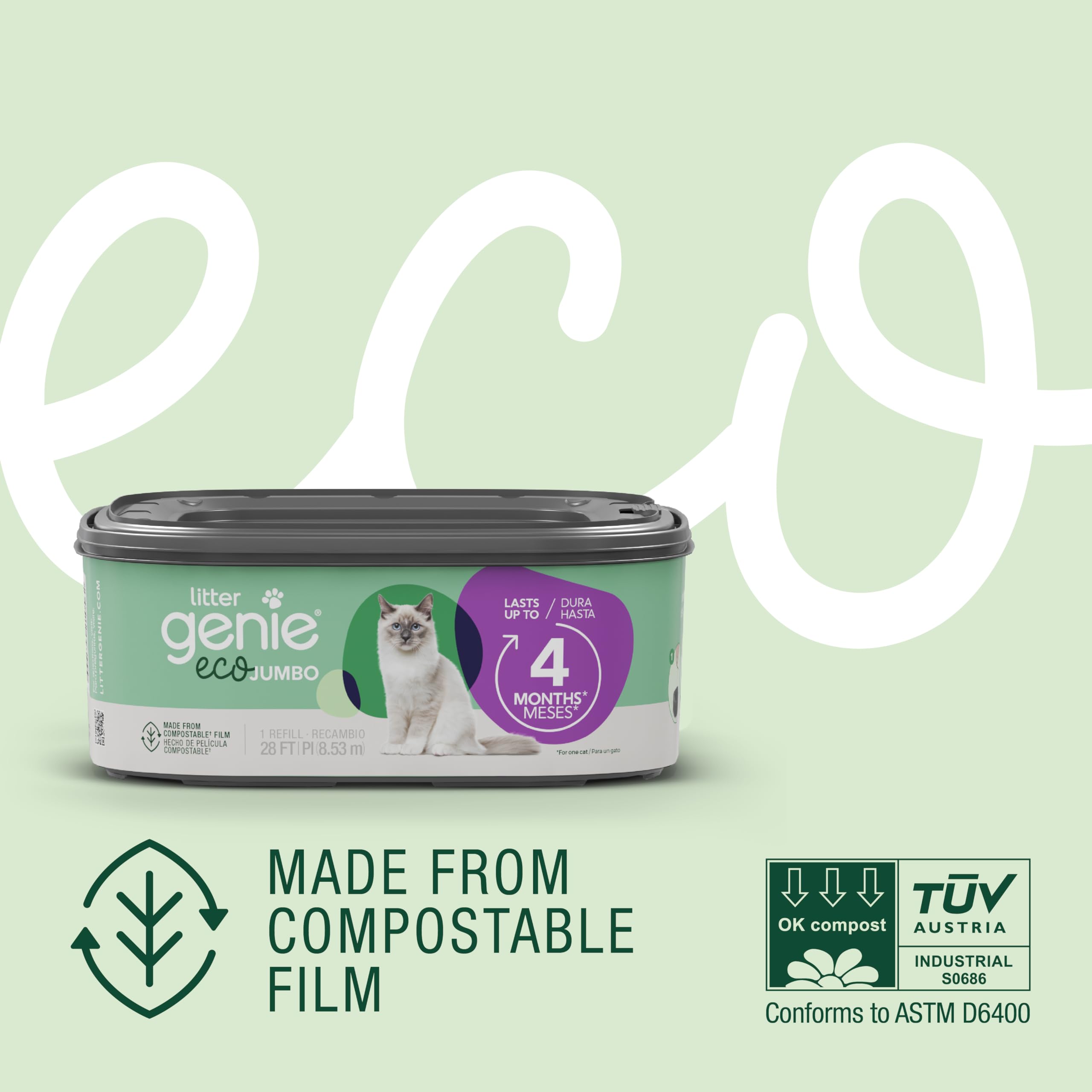 Litter Genie 28 feet refill film highlights extended use between changes.