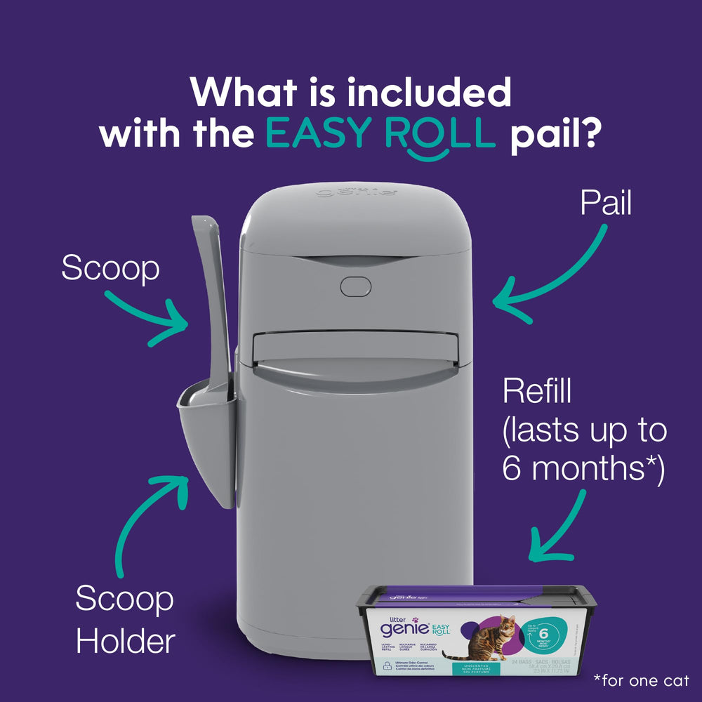 Litter Genie Easy Roll pail with open lid for easy disposal.