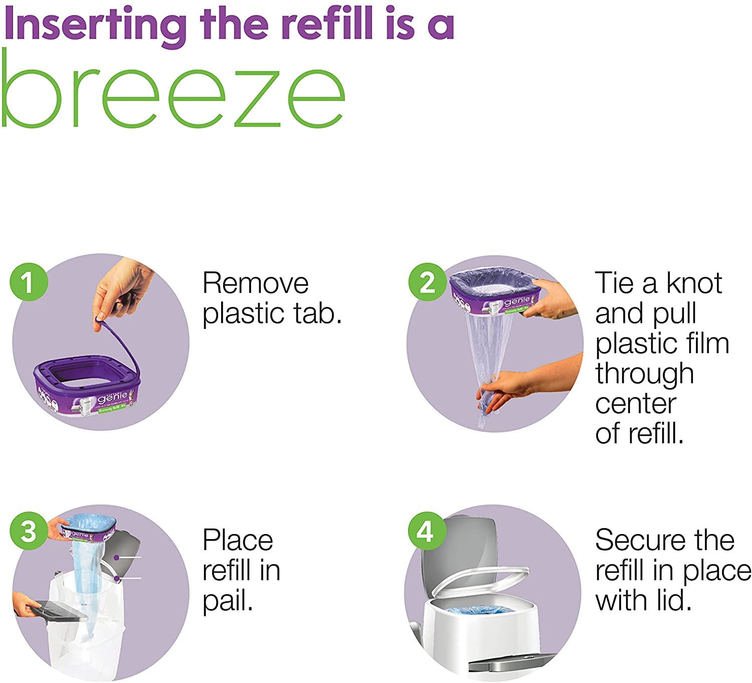 Litter Genie universal-fit refills work with standard, plus, and XL pails.
