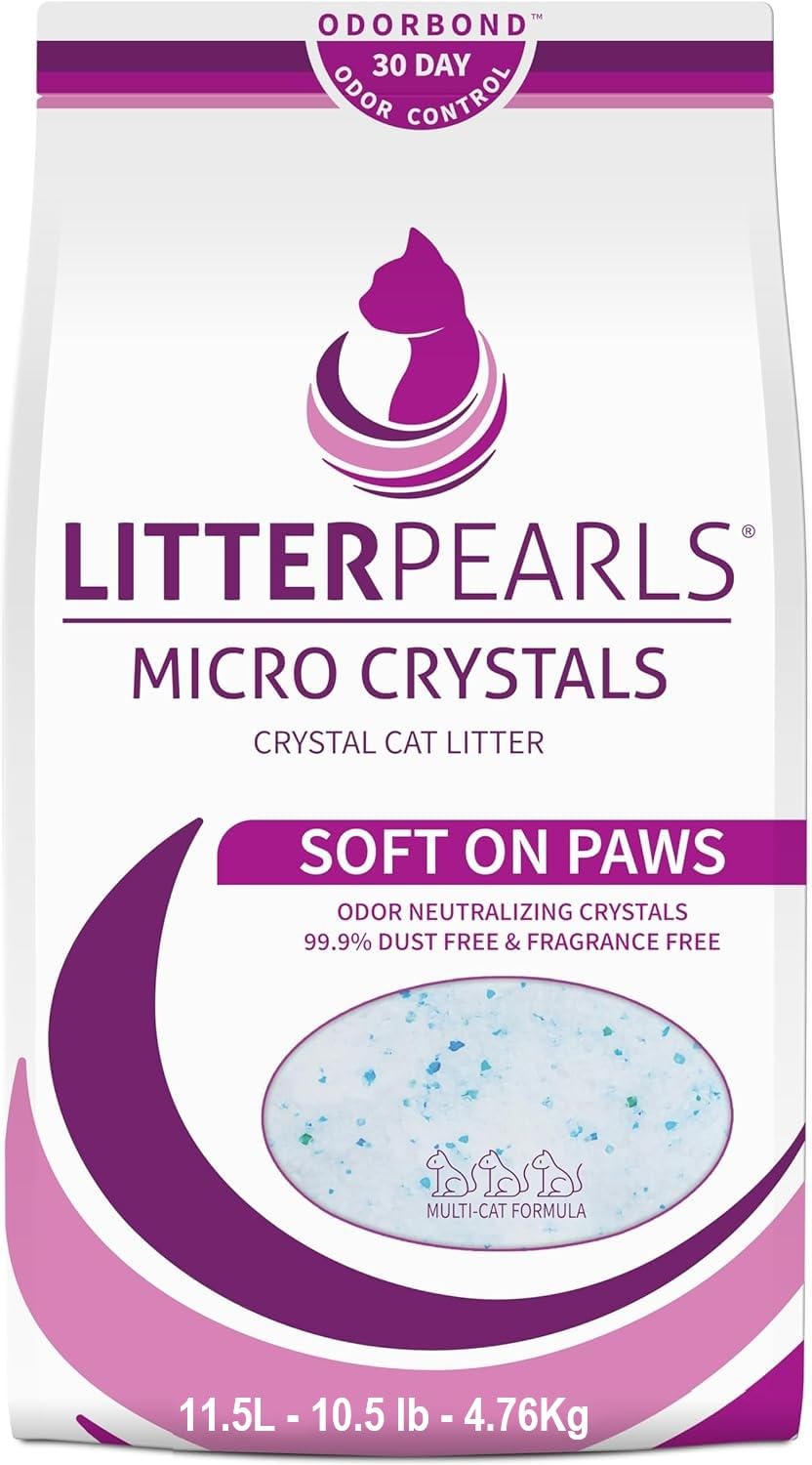 Litter Pearls Micro Crystals bag view highlighting lightweight, high-absorbency crystals for odor control.