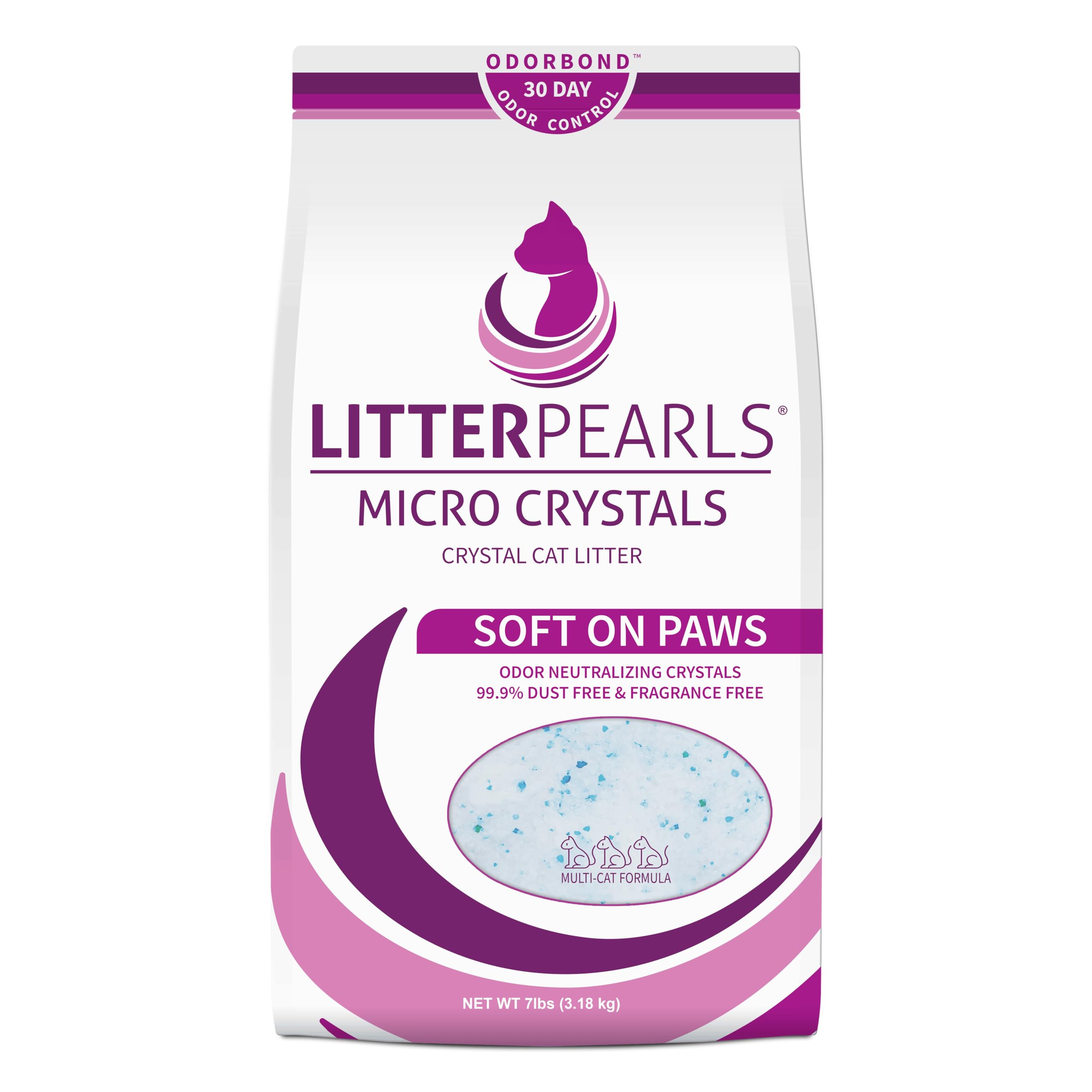 Litter Pearls micro crystals unscented closeup showing soft, low-dust texture for sensitive cats.