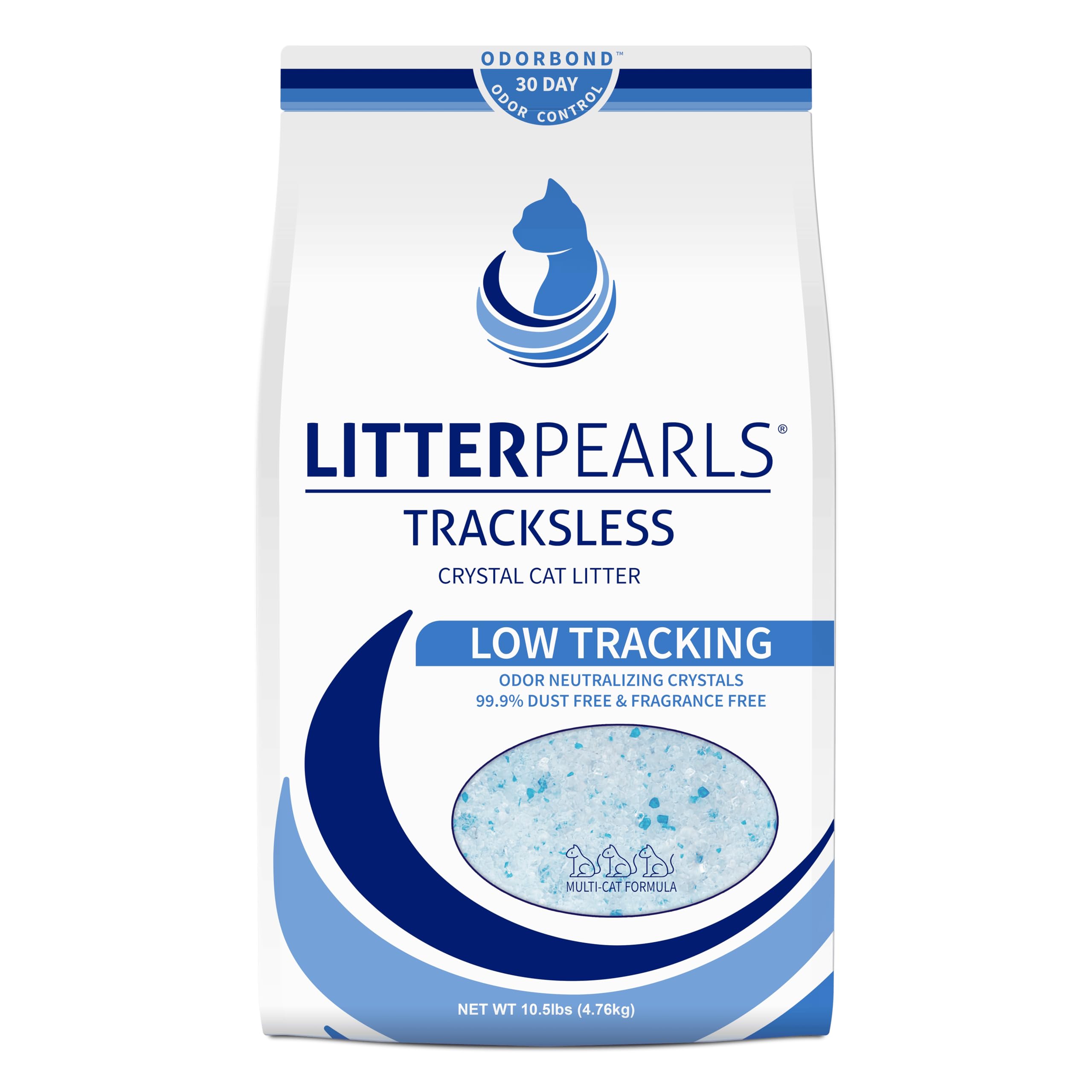 Litter Pearls Tracksless crystals deliver odor control with low-dust performance.